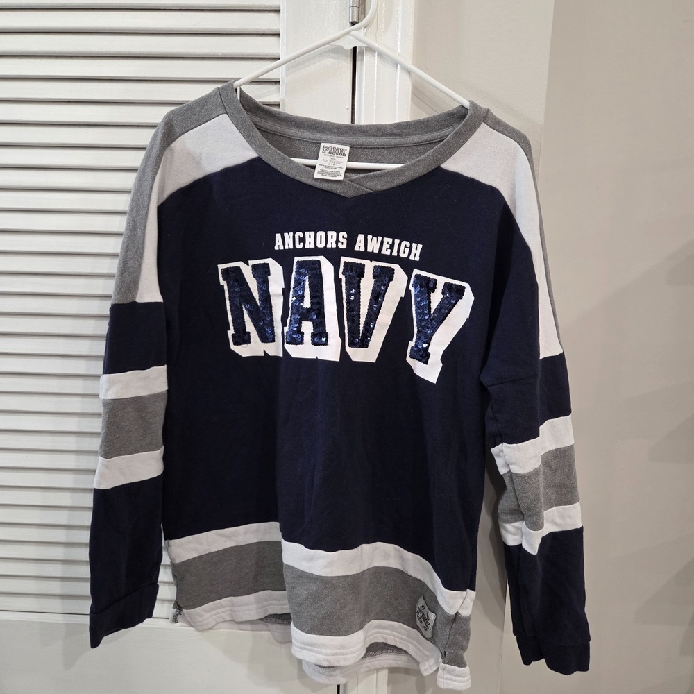 Victoria's Secret 5th & Ocean Anchors Away Navy Sequin Varsity Sweatshirt S/P